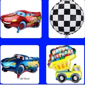RACE CAR Theme Birthday Balloons (5) Foil Mylar Dump Truck Checkered Flag